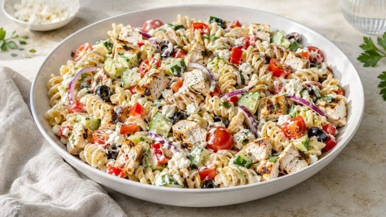 High protein pasta salad with chickpea rotini, grilled chicken, tomatoes, cucumber, peppers, feta, and Greek yogurt dressing