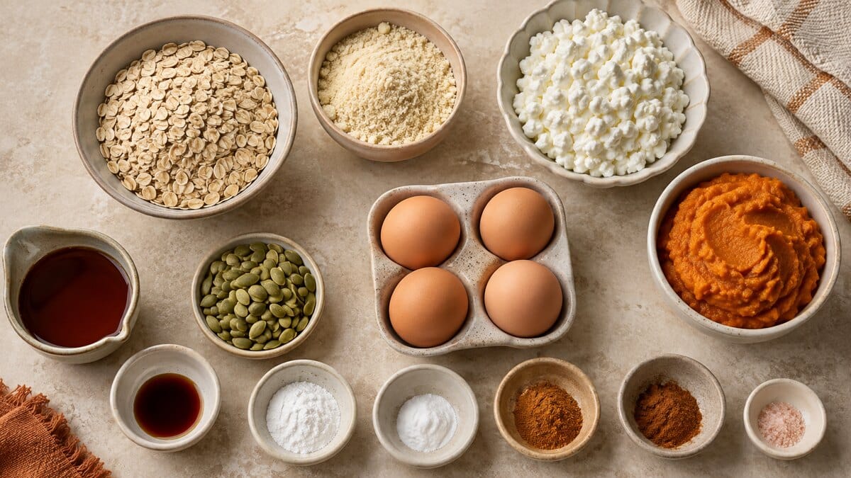 Oats, almond flour, cottage cheese, pumpkin, eggs, maple syrup, pepitas, and spices