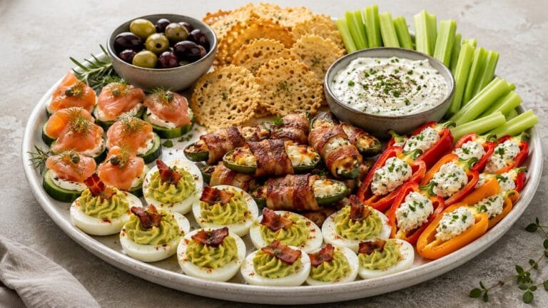 Keto appetizer platter with avocado deviled eggs, cucumber salmon bites, Parmesan crisps, jalapeño poppers, stuffed peppers, olives, celery, and dip