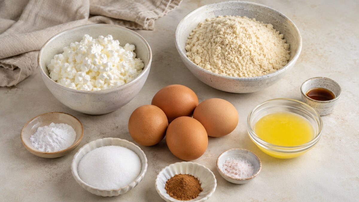 Cottage cheese, eggs, almond flour, baking powder, vanilla, sweetener, cinnamon, and butter