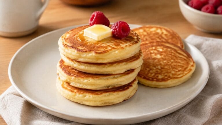Keto cottage cheese pancakes with almond flour topped with butter and raspberries