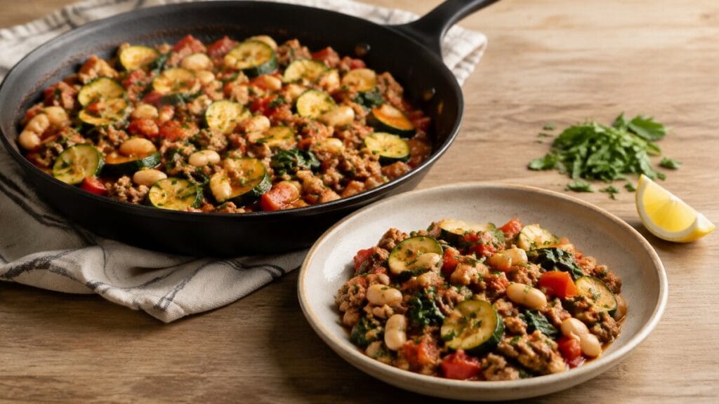 Turkey, white bean, zucchini, tomato, pepper, and spinach skillet served in a shallow bowl