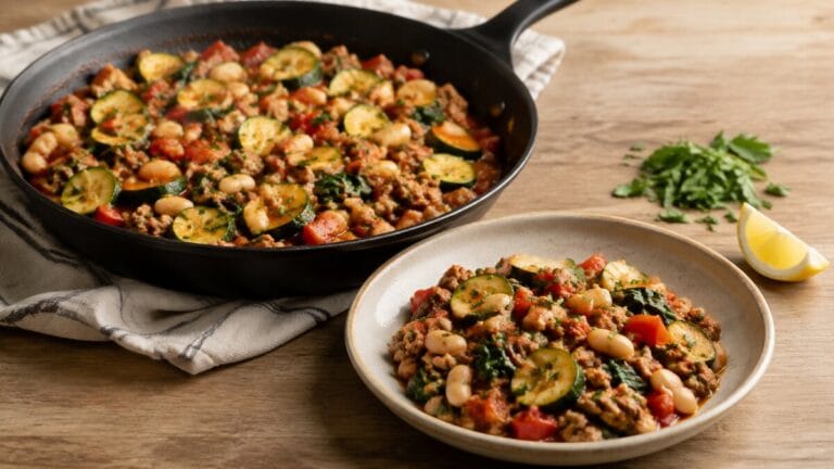 Turkey, white bean, zucchini, tomato, pepper, and spinach skillet served in a shallow bowl