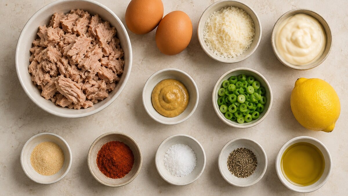 Canned tuna, eggs, Parmesan, mayonnaise, Dijon mustard, scallions, lemon, spices, and olive oil