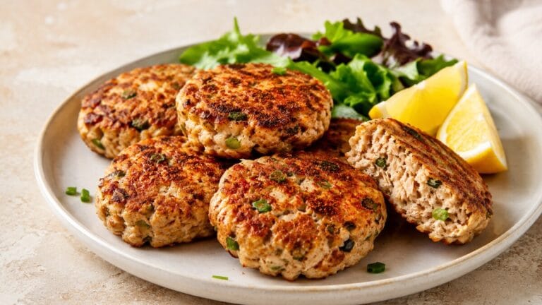 Low carb tuna patties without breadcrumbs served with lemon and a green salad
