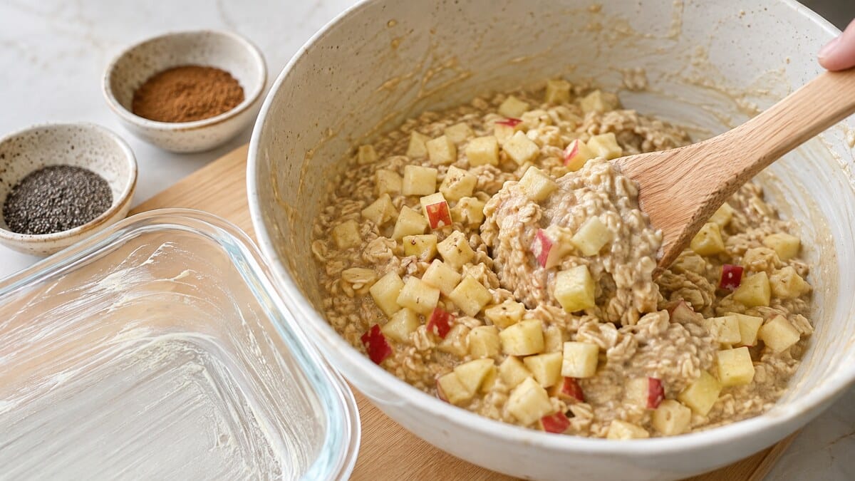 Folding diced apples into a creamy high protein baked oats mixture