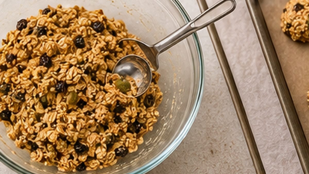 Thick gluten free breakfast cookie dough with rolled oats, raisins, seeds, chia, and flax in a mixing bowl