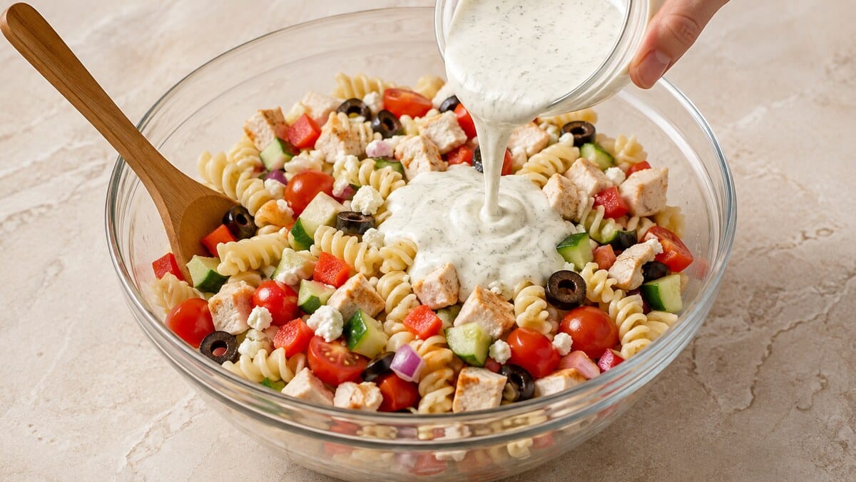 Creamy Greek yogurt dressing being poured over chickpea pasta, chicken, vegetables, olives, and feta in a mixing bowl
