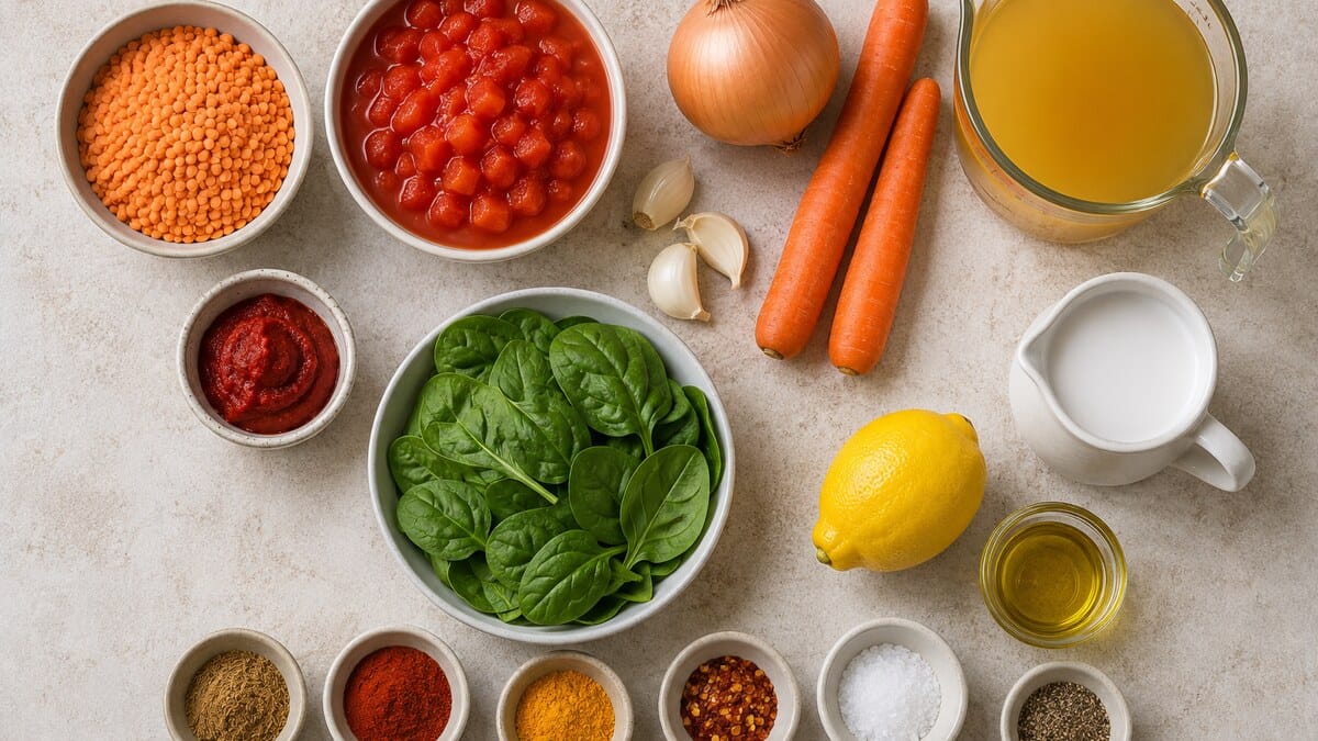 Red lentils, tomatoes, onion, carrots, garlic, tomato paste, vegetable broth, coconut milk, spinach, lemon, oil, and spices for vegan soup recipes