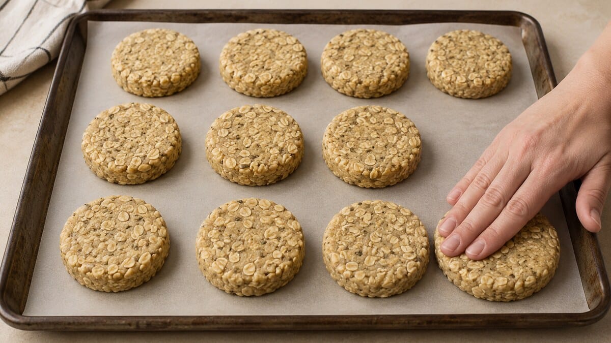 Thick oat and seed cookie dough portions pressed into rounds on parchment paper