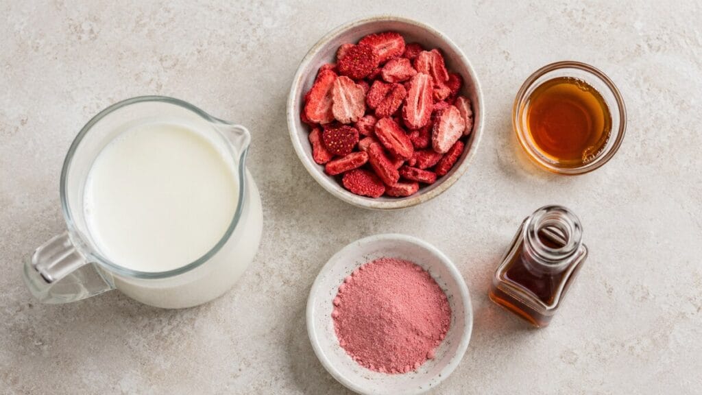 Milk, freeze-dried strawberries, maple syrup, and vanilla for strawberry cold foam