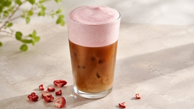 Strawberry cold foam without heavy cream over an iced drink