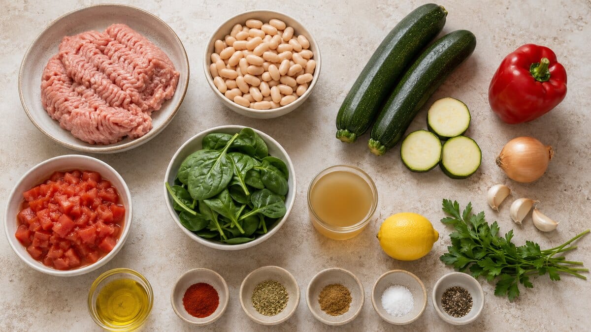 Ground turkey, cannellini beans, zucchini, bell pepper, tomatoes, spinach, onion, garlic, lemon, broth, and spices, ingredients for Low Calorie High Protein Meals