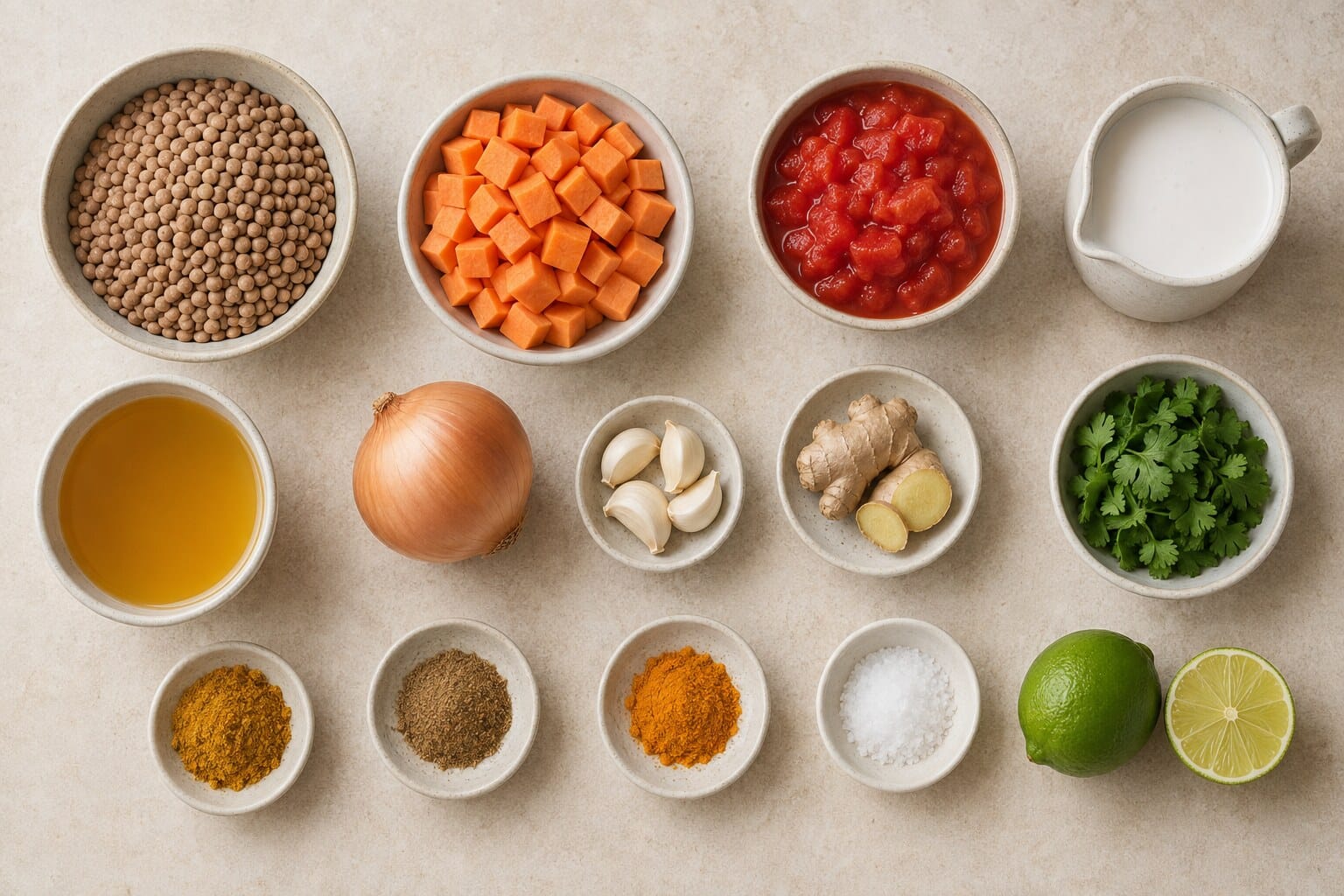 Brown lentils, sweet potato, tomatoes, coconut milk, vegetable broth, onion, garlic, ginger, spices, lime, and cilantro arranged on a counter - ingredients for  Vegan Slow Cooker Recipes