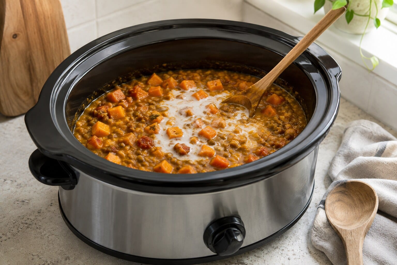 Coconut milk being stirred into sweet potato and brown lentil curry in a slow cooker