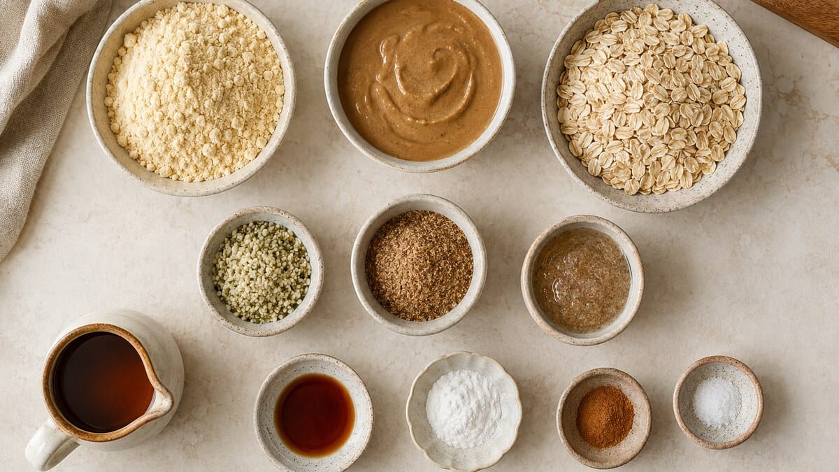 Chickpea flour, sunflower seed butter, oats, hemp hearts, flaxseed, maple syrup, vanilla, and spices