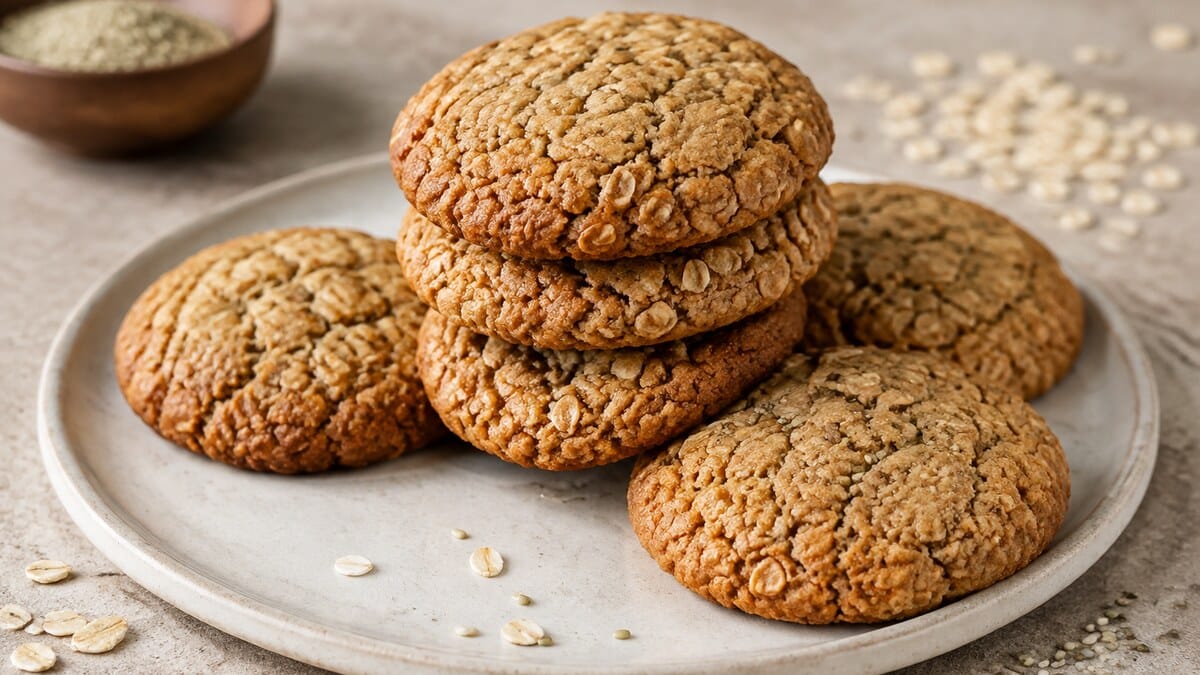 Vegan protein cookies without protein powder made with oats, hemp hearts, and sunflower seed butter