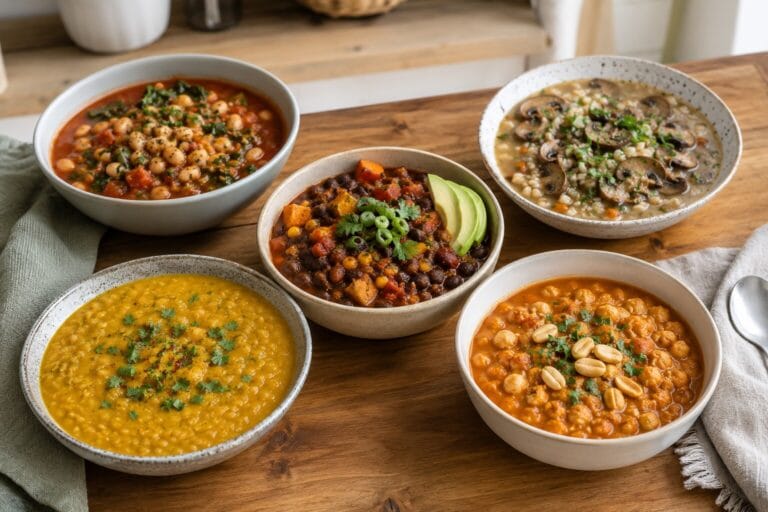 Five bowls of vegan slow cooker meals including lentil curry, black bean chili, white bean stew, chickpea peanut stew, and mushroom barley soup