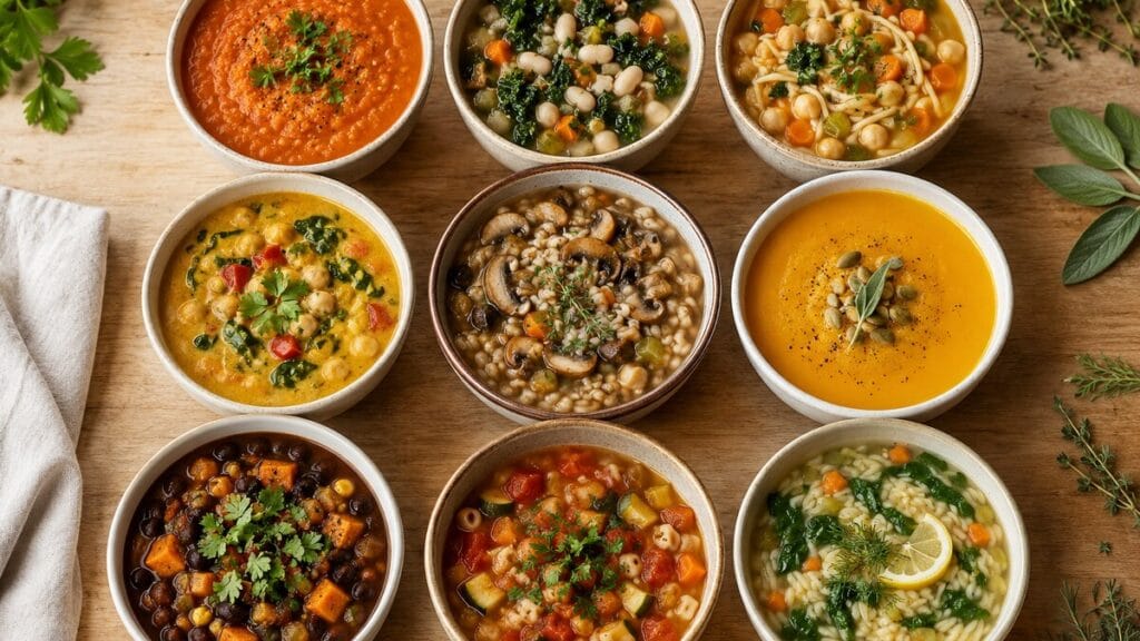 Nine bowls of vegan soup including lentil tomato, white bean kale, chickpea noodle, curry, mushroom barley, butternut squash, black bean, minestrone, and lemon orzo soups