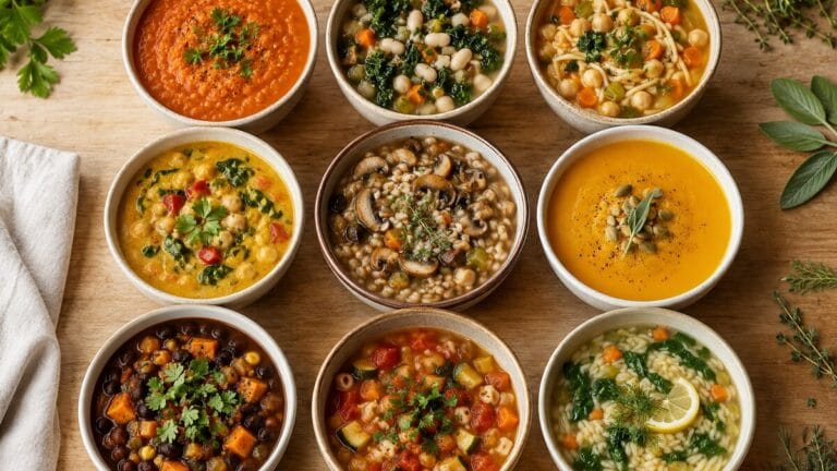 Nine bowls of vegan soup including lentil tomato, white bean kale, chickpea noodle, curry, mushroom barley, butternut squash, black bean, minestrone, and lemon orzo soups