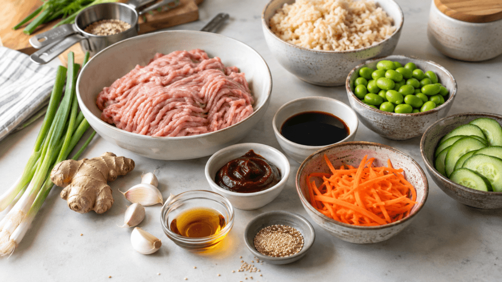 Ingredients for high protein Korean BBQ turkey meatball bowls with ground turkey, rice, edamame, cucumber, carrots, scallions, ginger, garlic, and gochujang sauce.