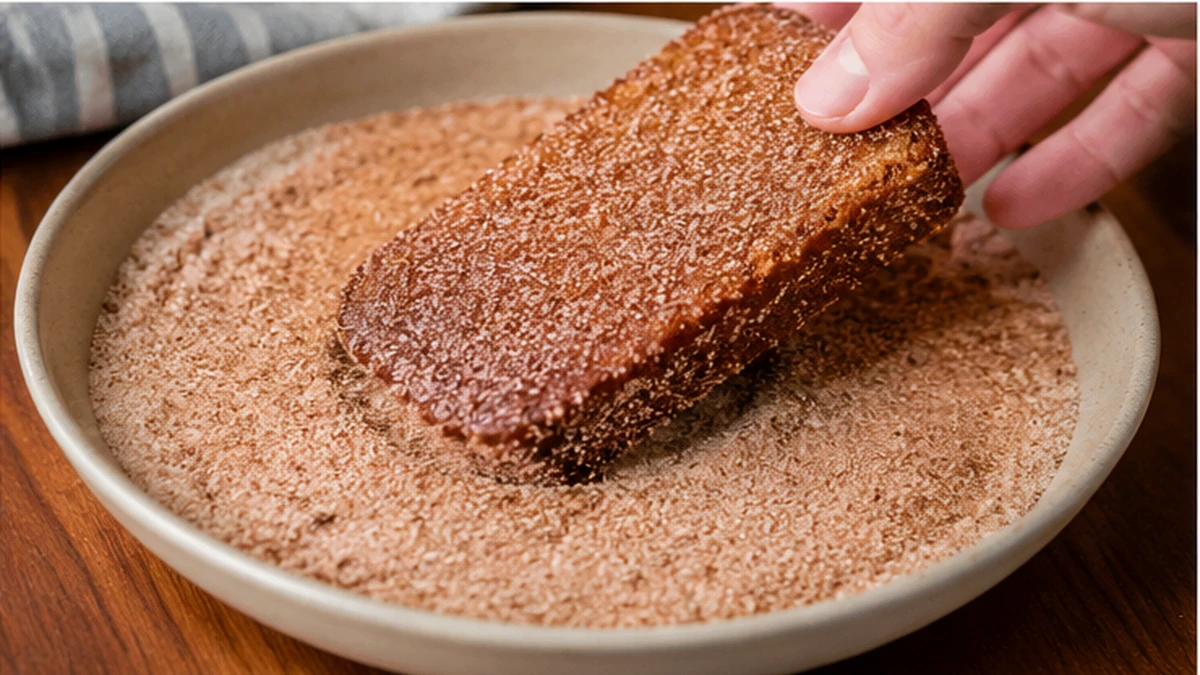 Warm gluten free apple cider donut bread being coated in cinnamon sugar