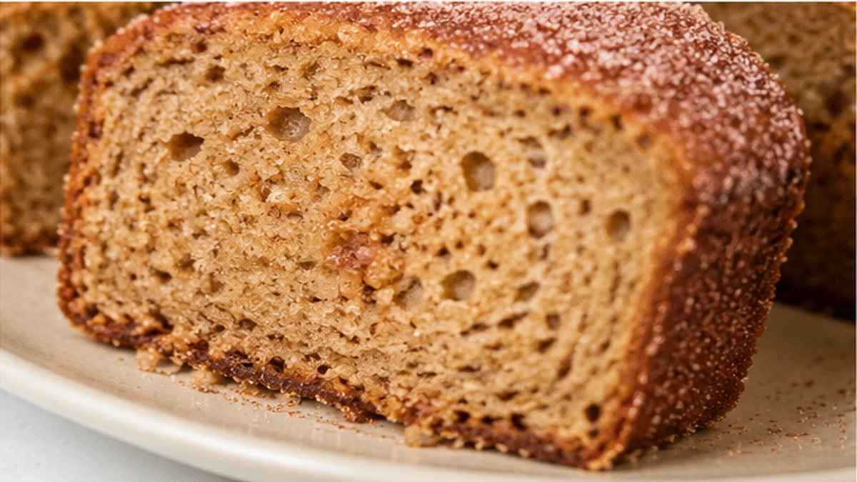 Close-up slices of gluten free apple cider donut bread showing a soft even crumb and cinnamon sugar crust