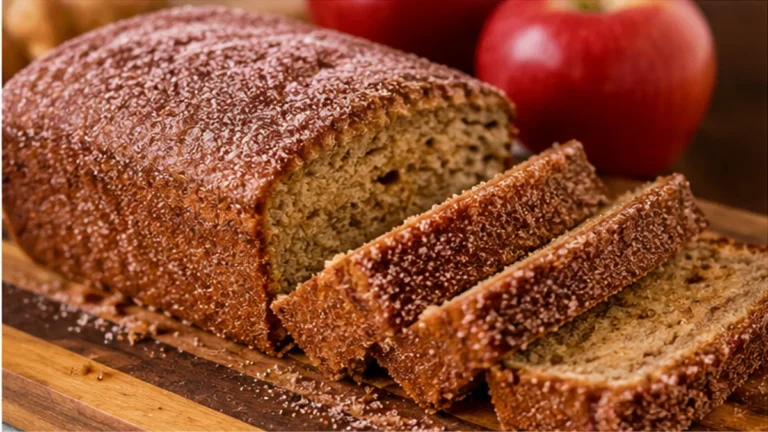 Sliced gluten free apple cider donut bread with a golden cinnamon sugar crust