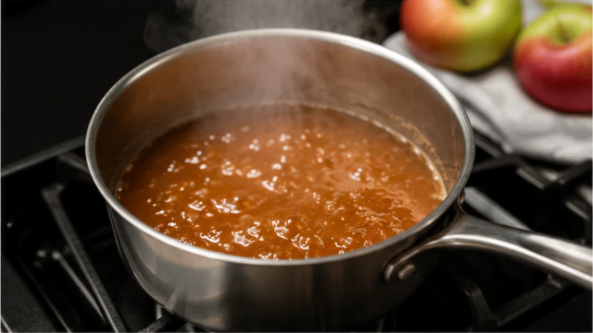 Apple cider simmering in a wide saucepan until concentrated for gluten free apple cider bread