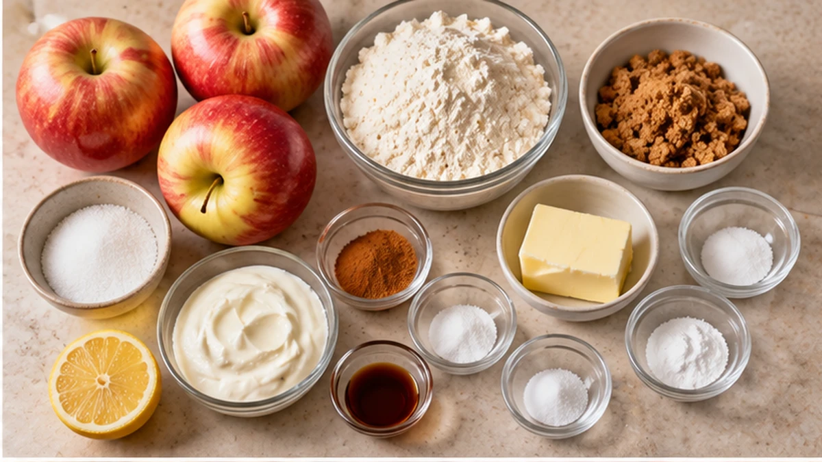 Apples, flour, sugars, butter, milk, cinnamon, lemon, vanilla, baking powder, and salt for apple cinnamon spoon cake