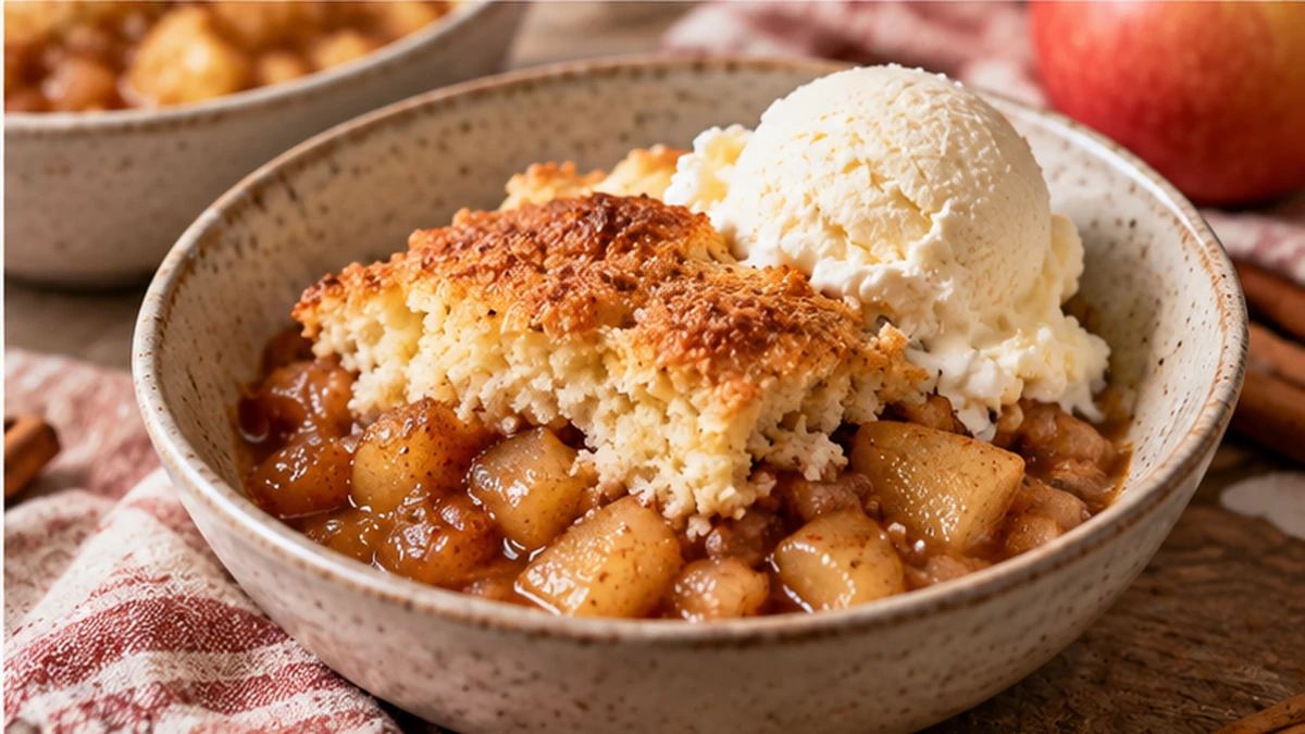 Warm serving of apple cinnamon spoon cake with tender apples and vanilla ice cream