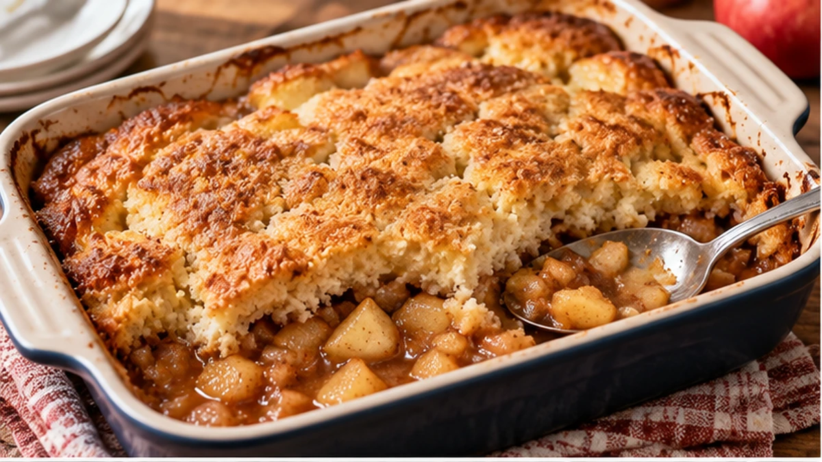 Warm apple cinnamon spoon cake with golden cake topping and tender cinnamon apples