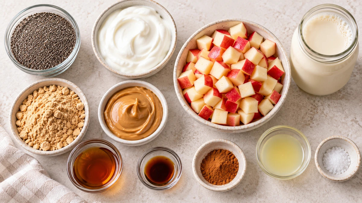 Ingredients for high protein apple peanut butter chia pudding with chia seeds, Greek yogurt, soy milk, apples, peanut butter, maple syrup, and cinnamon