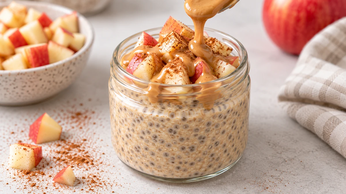 High protein apple peanut butter chia pudding topped with fresh diced apples, cinnamon, and a peanut butter drizzle