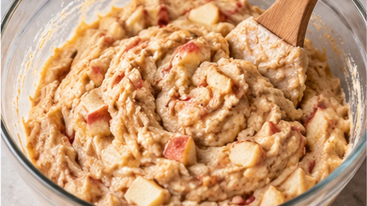 Thick apple cinnamon ricotta bread batter with small diced apples being folded in a mixing bowl