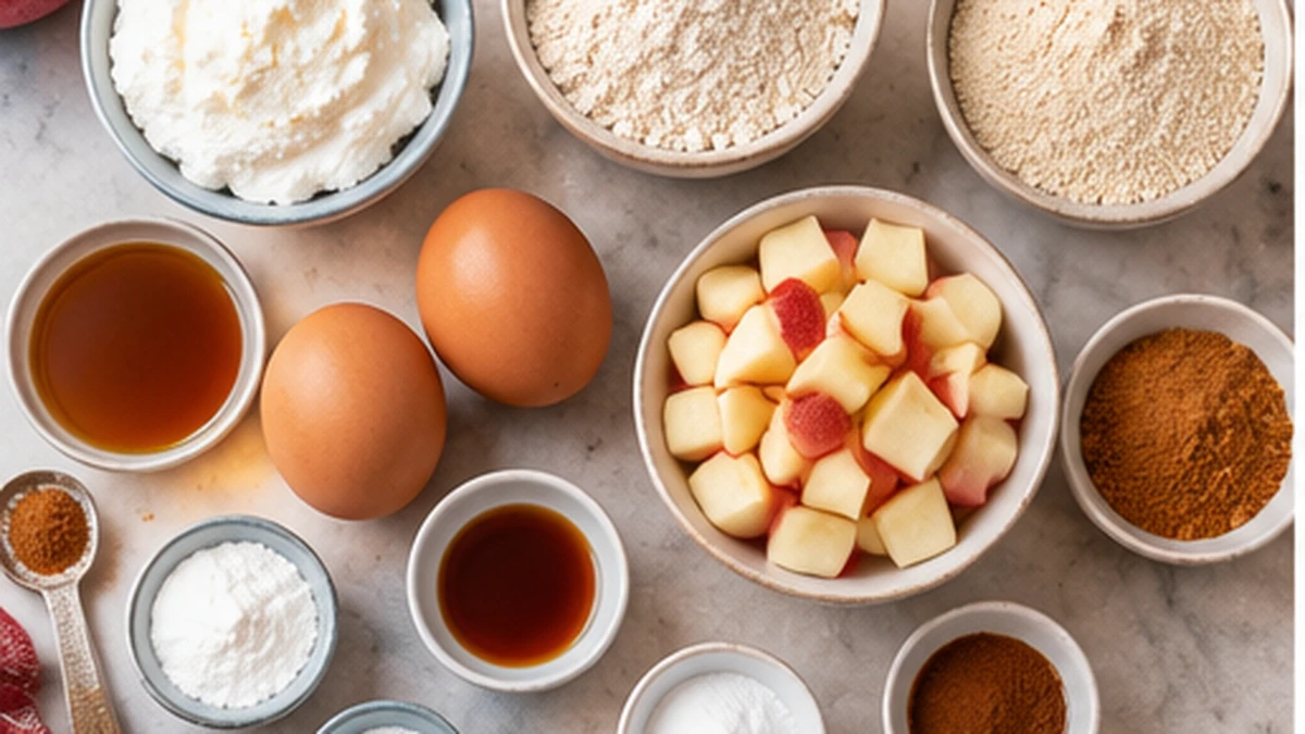 Ricotta, eggs, almond flour, oat flour, apples, maple syrup, protein powder, cinnamon, and baking ingredients for Gluten Free High Protein Apple Ricotta Bread 