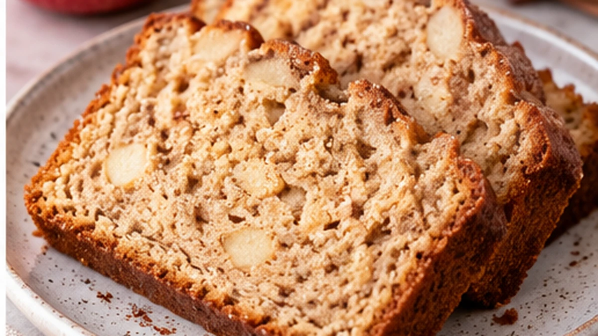 Thick slices of gluten free high protein apple ricotta bread showing a moist apple cinnamon crumb