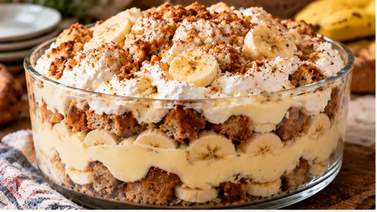 Layered banana bread banana pudding with vanilla custard, banana slices, and whipped cream