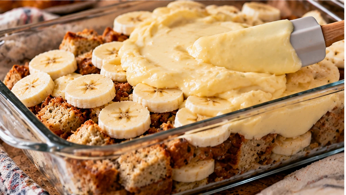 Homemade vanilla pudding being spread over banana bread cubes and sliced bananas in a baking dish