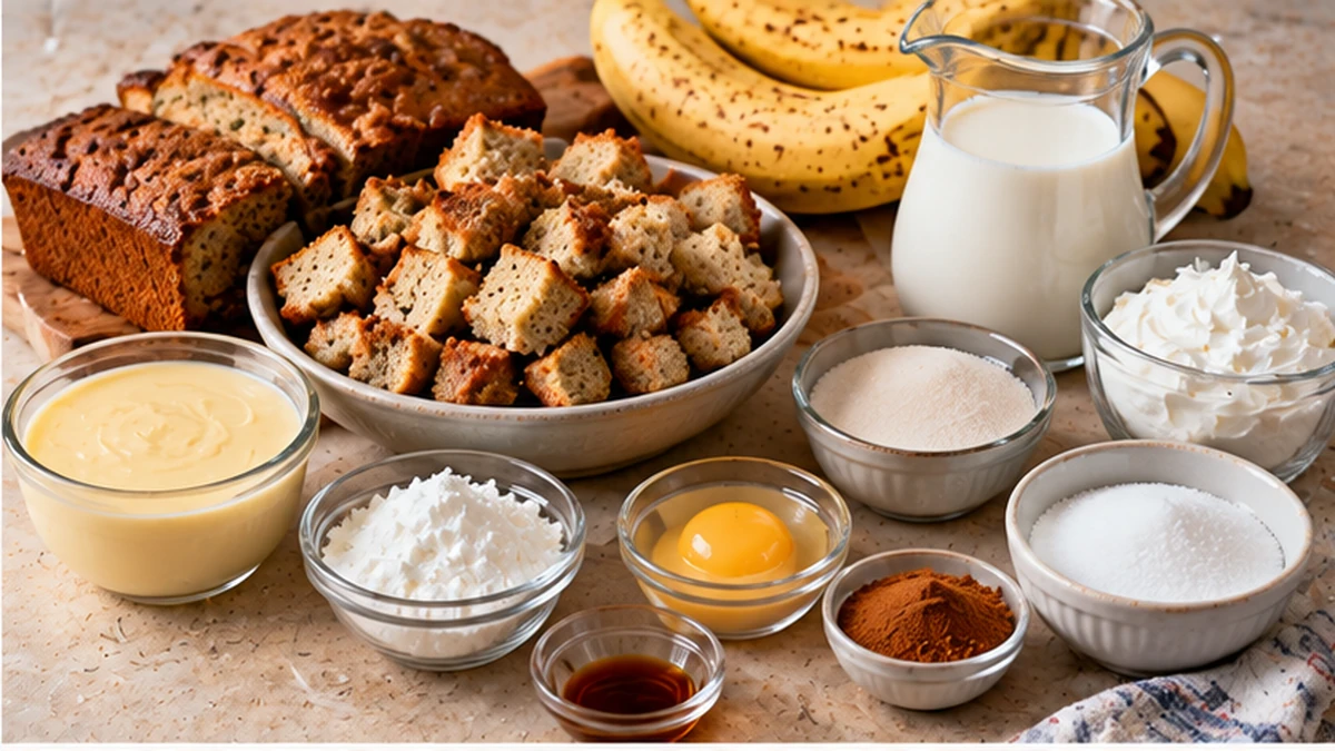 Banana bread, bananas, milk, sugar, cornstarch, egg yolks, cream, vanilla, and cinnamon for banana pudding