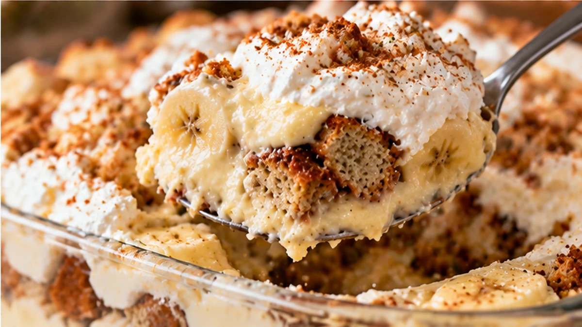 Creamy spoonful of banana bread banana pudding with custard, bananas, whipped cream, and cinnamon