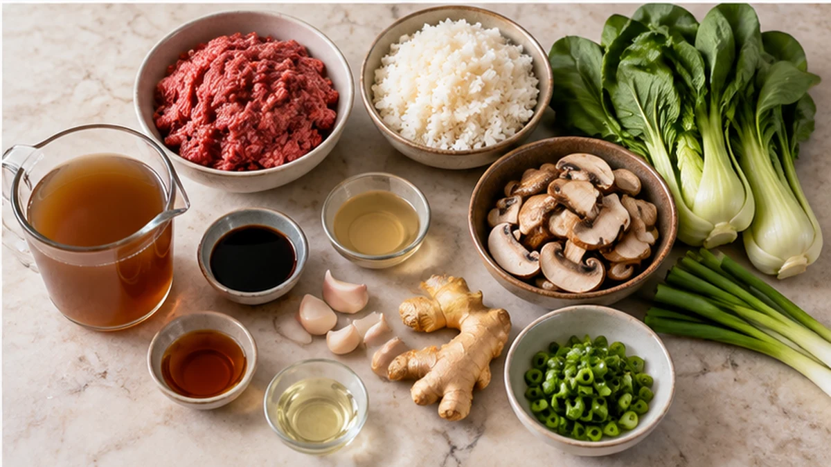 Ground beef, jasmine rice, bok choy, mushrooms, beef broth, ginger, garlic, scallions, soy sauce, and sesame oil for beef broth bowls