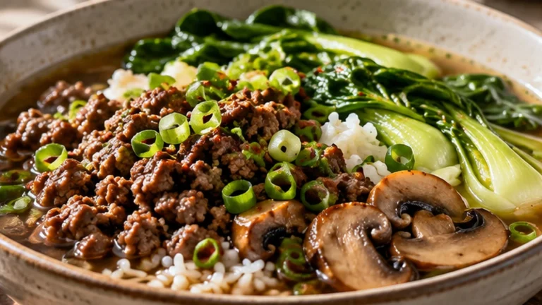 Beef broth bowl with ground beef, jasmine rice, mushrooms, bok choy, and scallions