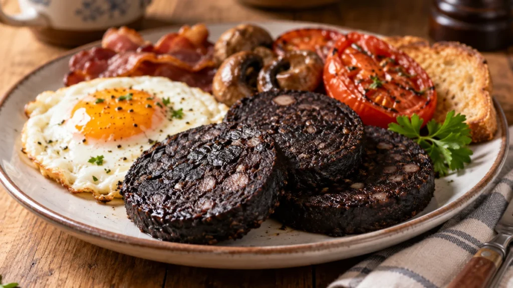 British-style black pudding slices served with egg, tomato, mushrooms, bacon, and toast