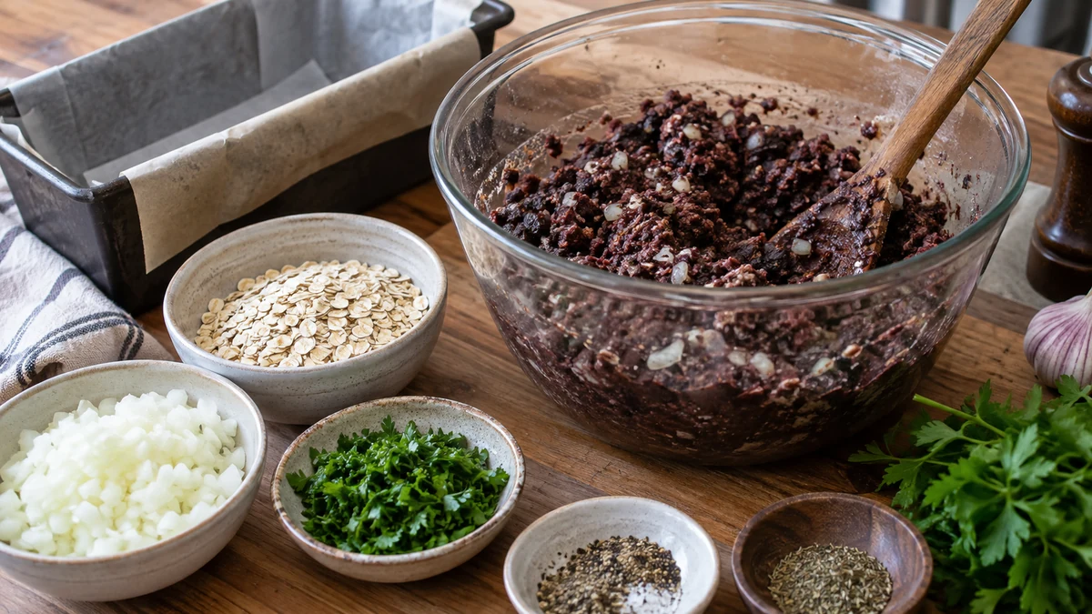 Black pudding recipe, mixture in a glass bowl beside oats, chopped onion, herbs, spices, and a lined loaf pan