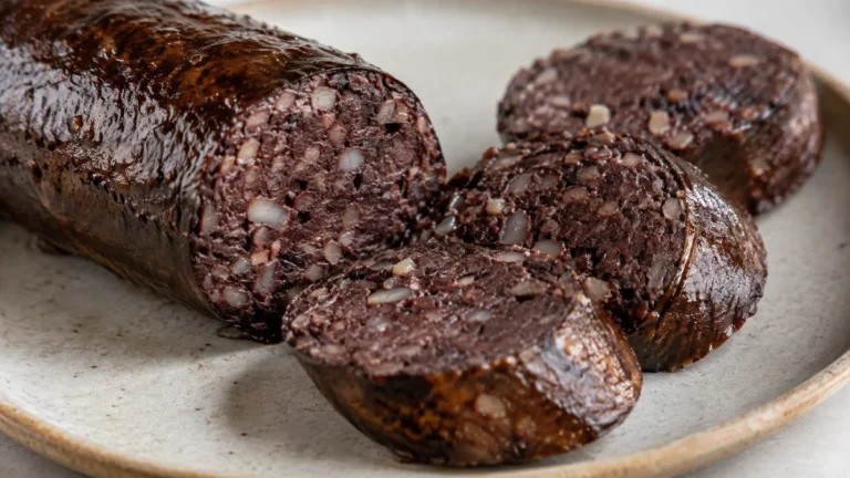 Close-up of sliced homemade black pudding showing the oat and pork texture