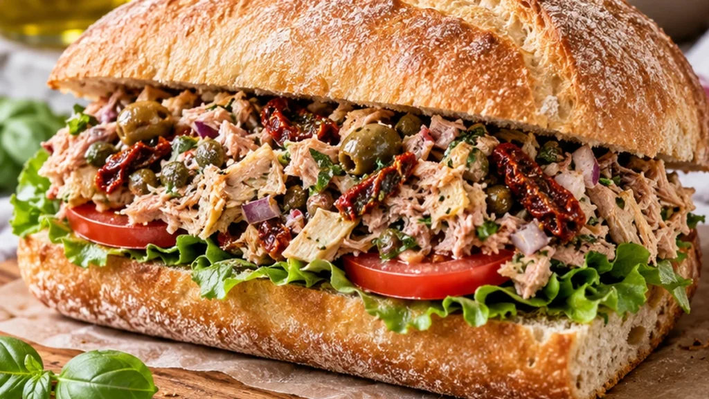 Buona Beef Tuna Genovese recipe copycat sandwich with tuna, artichokes, olives, arugula, balsamic glaze, and ciabatta