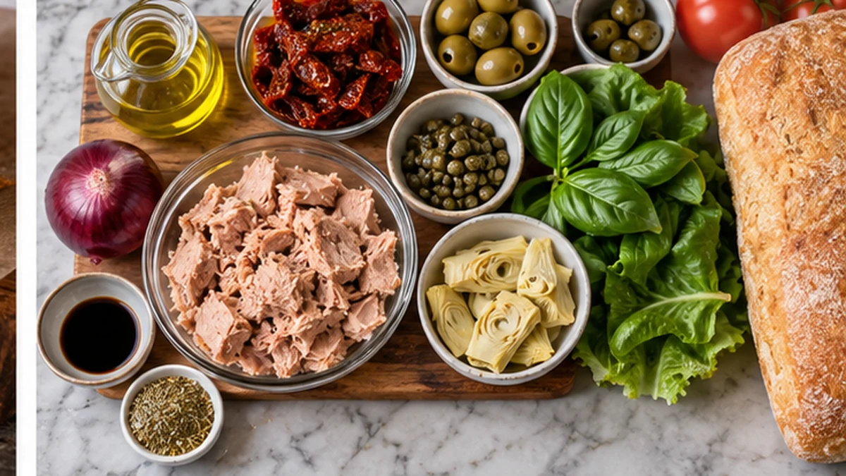 Tuna, artichoke hearts, Kalamata olives, arugula, balsamic glaze, olive oil, and ciabatta for Tuna Genovese
