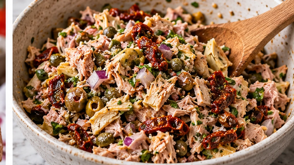 Tuna Genovese filling with tuna, chopped artichokes, and Kalamata olives being mixed in a bowl