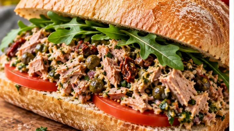 Close-up of Buona Beef Tuna Genovese recipe copycat on wheat ciabatta